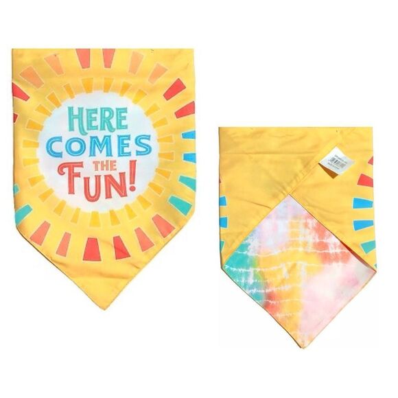 Sun Squad Reversible Pet Bandana HERE COMES THE FUN! Tie-Dye Printed. One Size - Picture 1 of 5